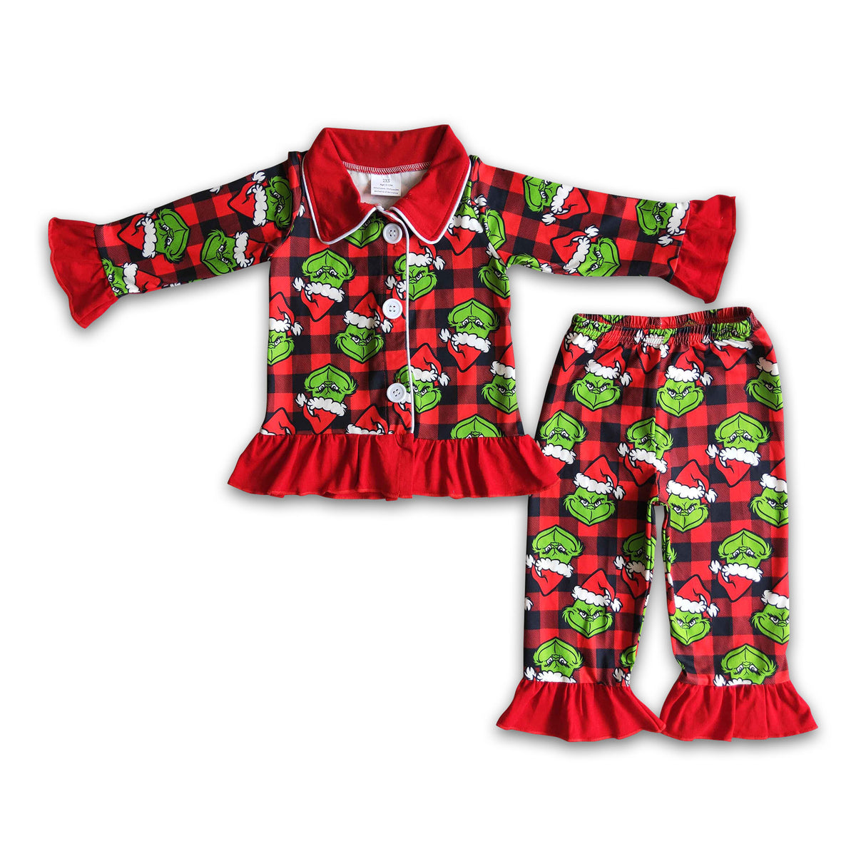 Plaid green face long sleeve baby girls Christmas pjs