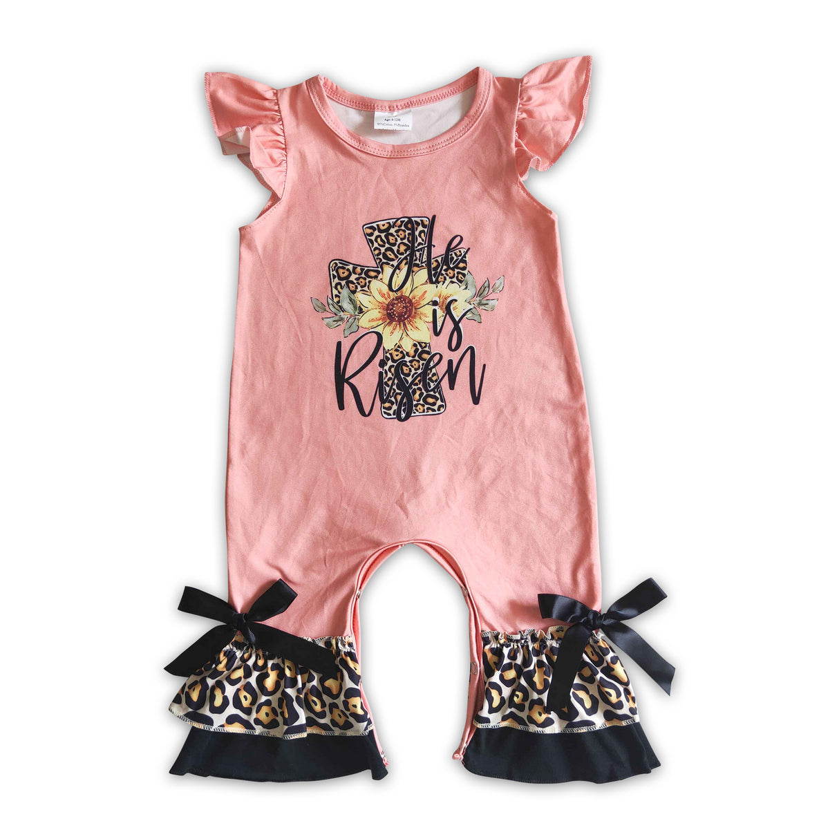 Cross He is risen leopard baby easter romper