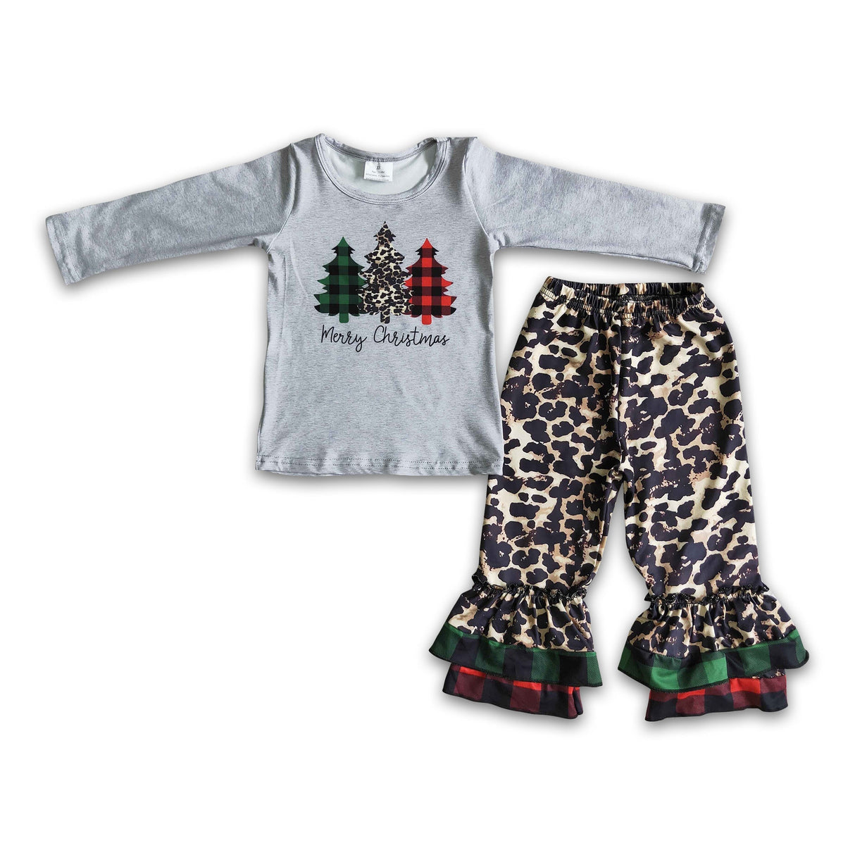 Merry Christmas tree print shirt leopard pants girls outfits