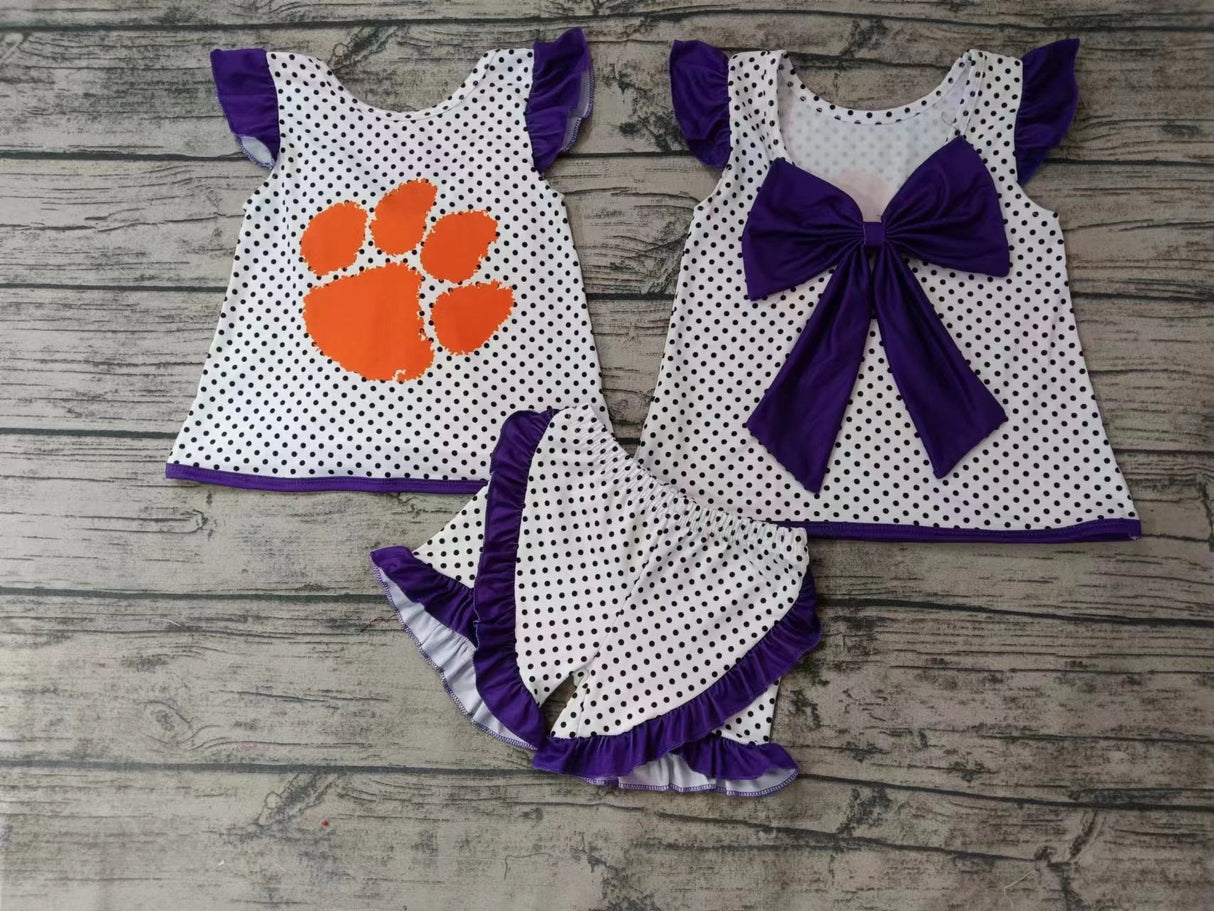MOQ 3 pcs polka dots purple bow backless girls team outfits