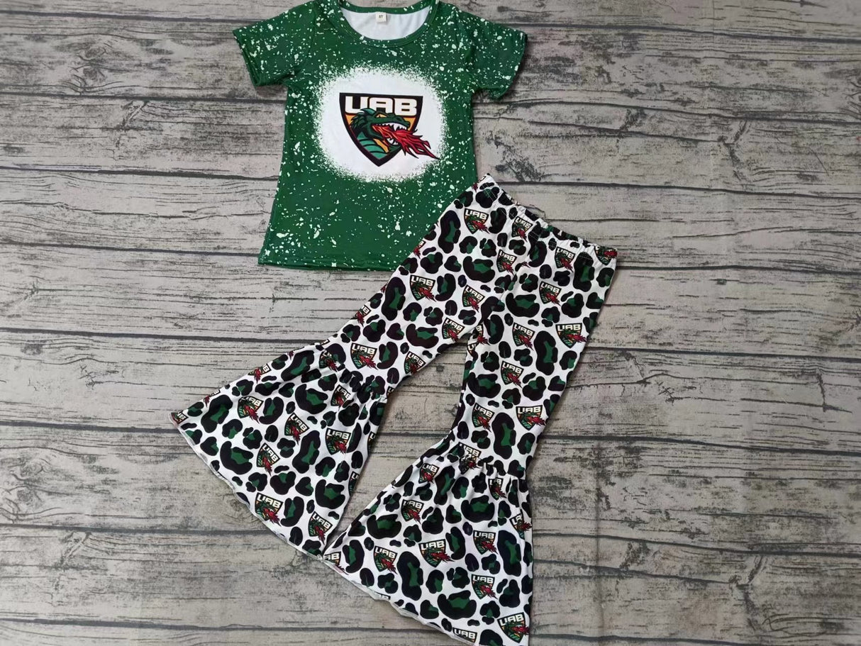 MOQ 3 pcs Green bleached top leopard pants girls team outfits