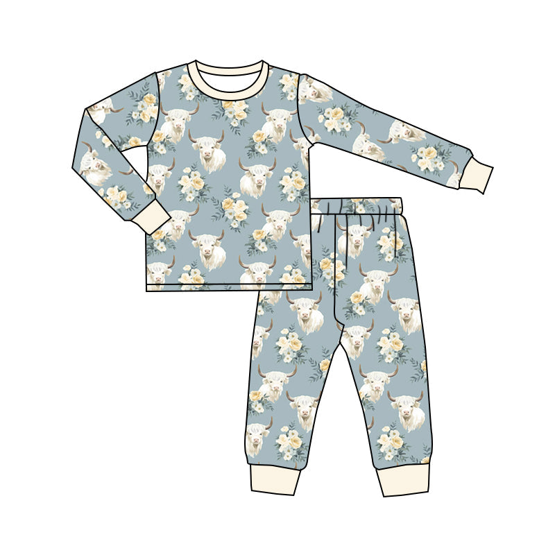 MOQ 5 highland cow floral long sleeves baby kids pajamas