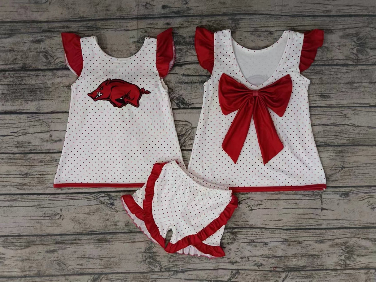 MOQ 3 pcs hogs red polka dots bow backless girls team outfits