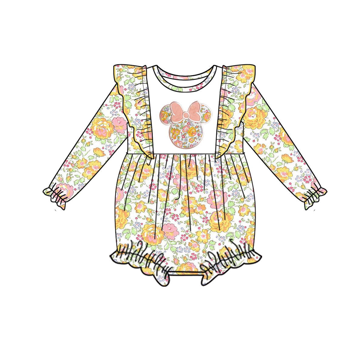 MOQ 5 PCS floral mouse long sleeves baby girls romper