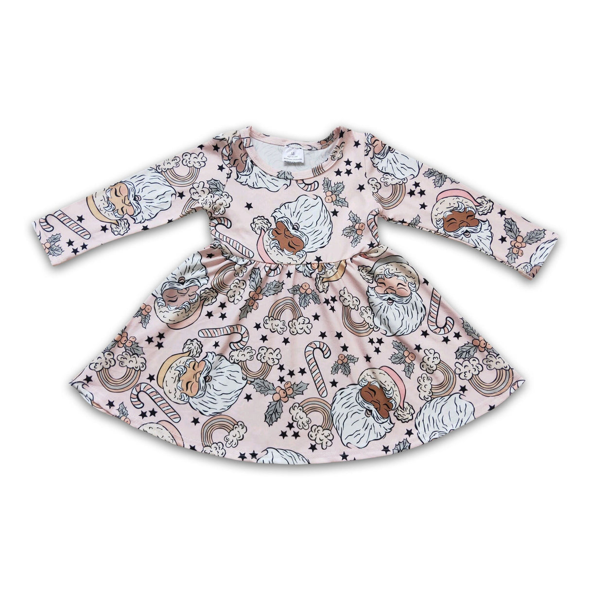 Santa print long sleeve girls twirl Christmas dresses