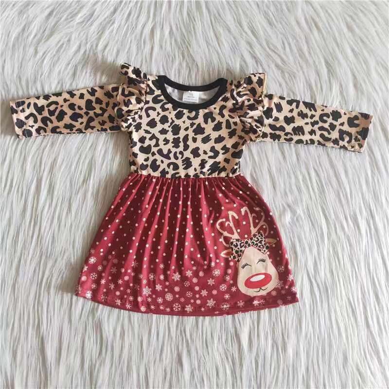 Leopard reindeer screen print girls Christmas dresses