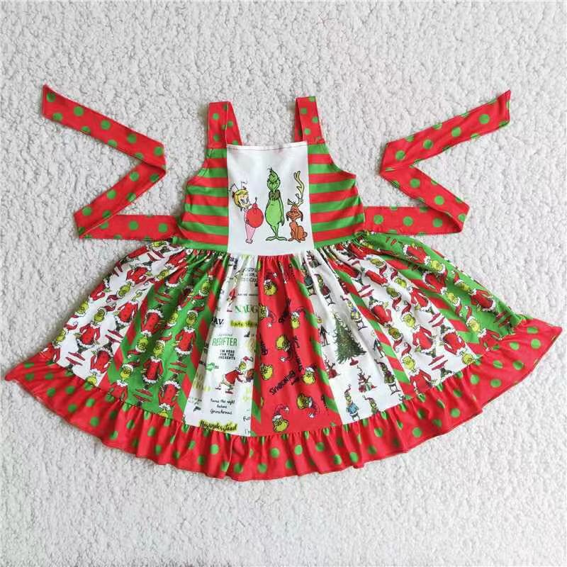 Sleeveless green face panel Christmas baby girl twirl dresses