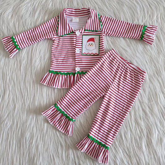 Santa embroidery cotton stripe girls Christmas pjs