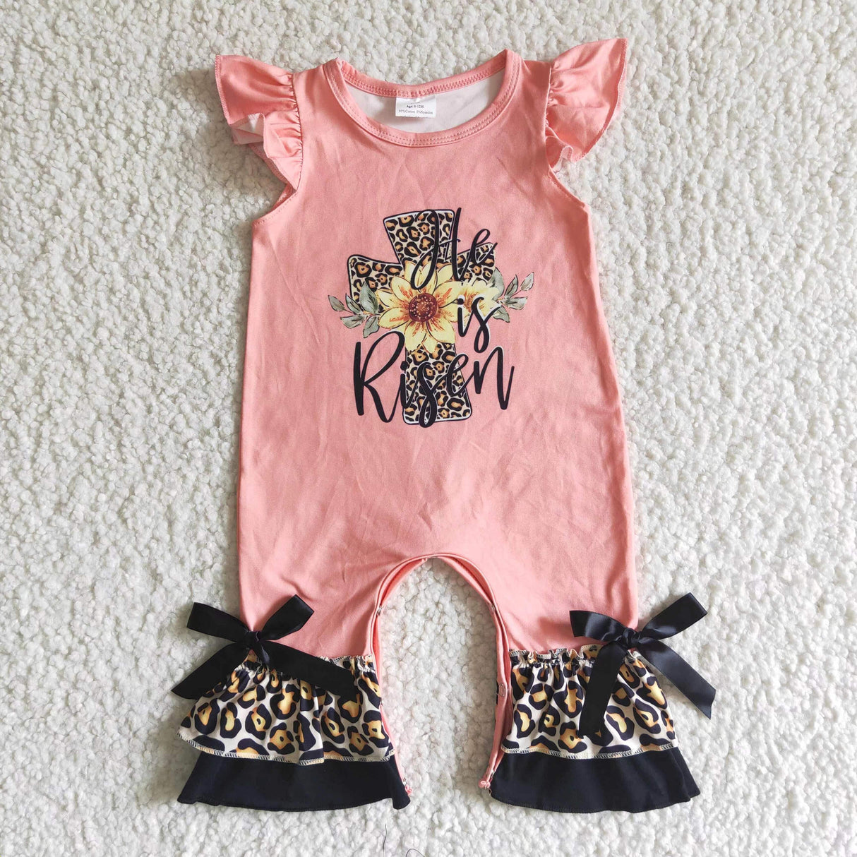 Cross He is risen leopard baby easter romper
