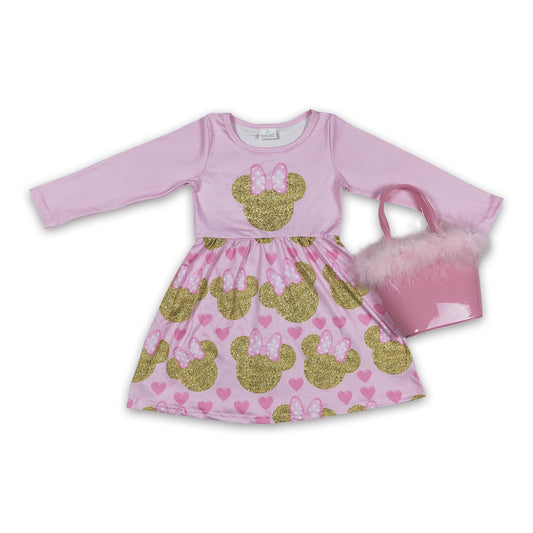 Pink heart mouse kids girls Valentine's dresses purse set