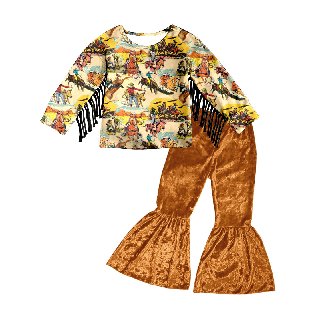 MOQ 5 brown rodeo tassels shirt velvet pants western girls outfits