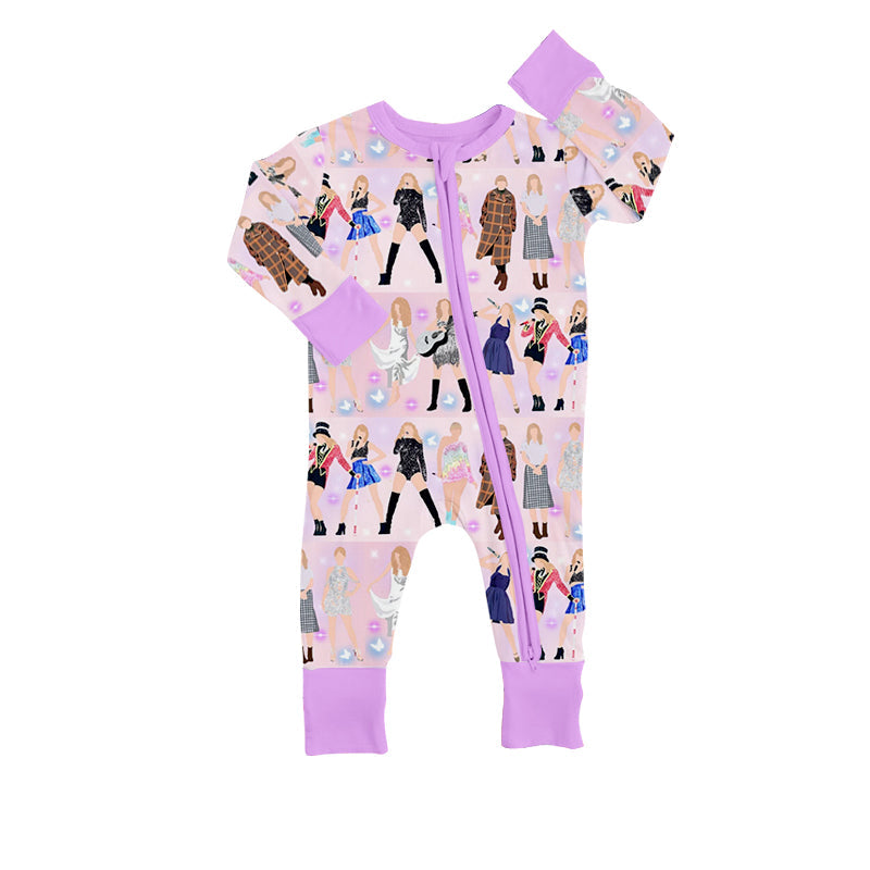 MOQ 3 pcs long sleeves lavender ears singer baby girls zipper romper