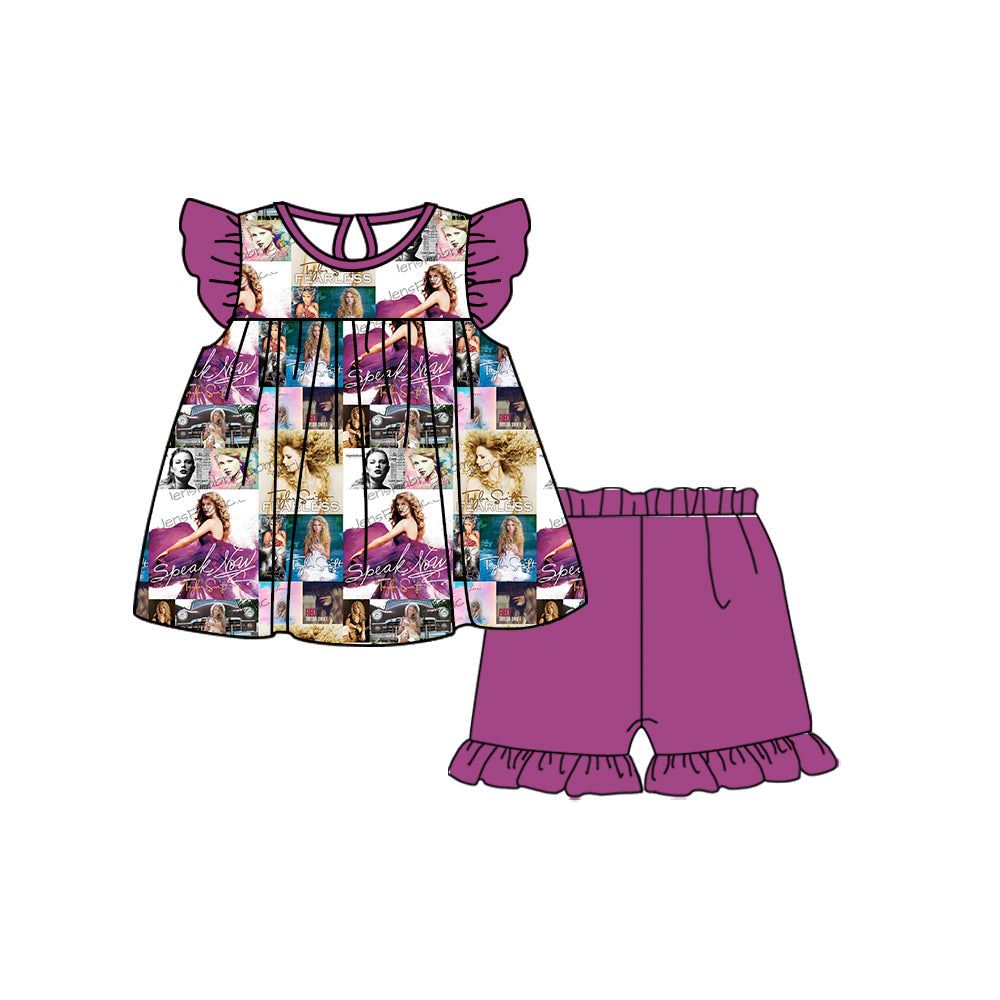 MOQ 3 Flutter sleeves Purple tunic shorts singer girls set