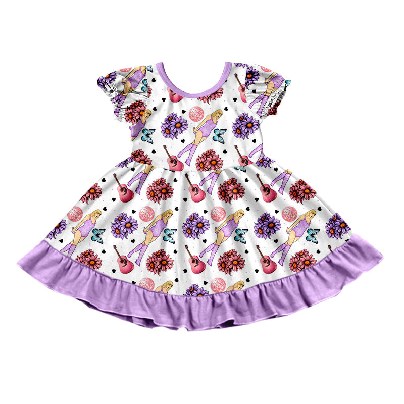 MOQ 3 pcs short sleeves guitar floral singer girls dress