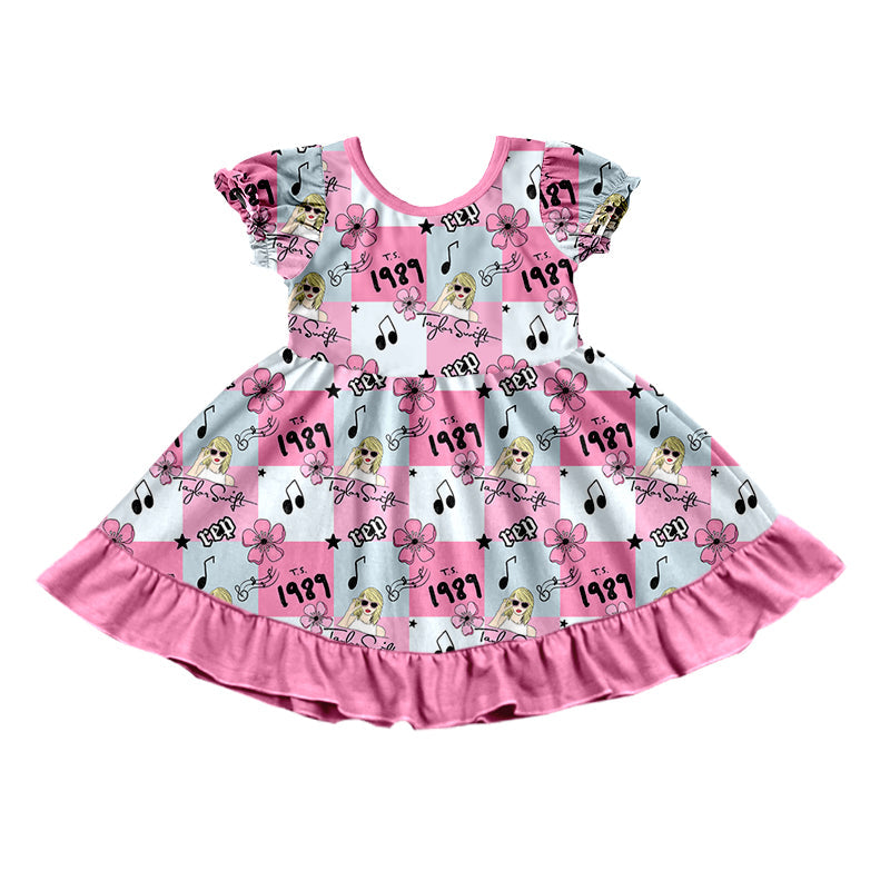 MOQ 3 short sleeves pink plaid flower singer girls dress