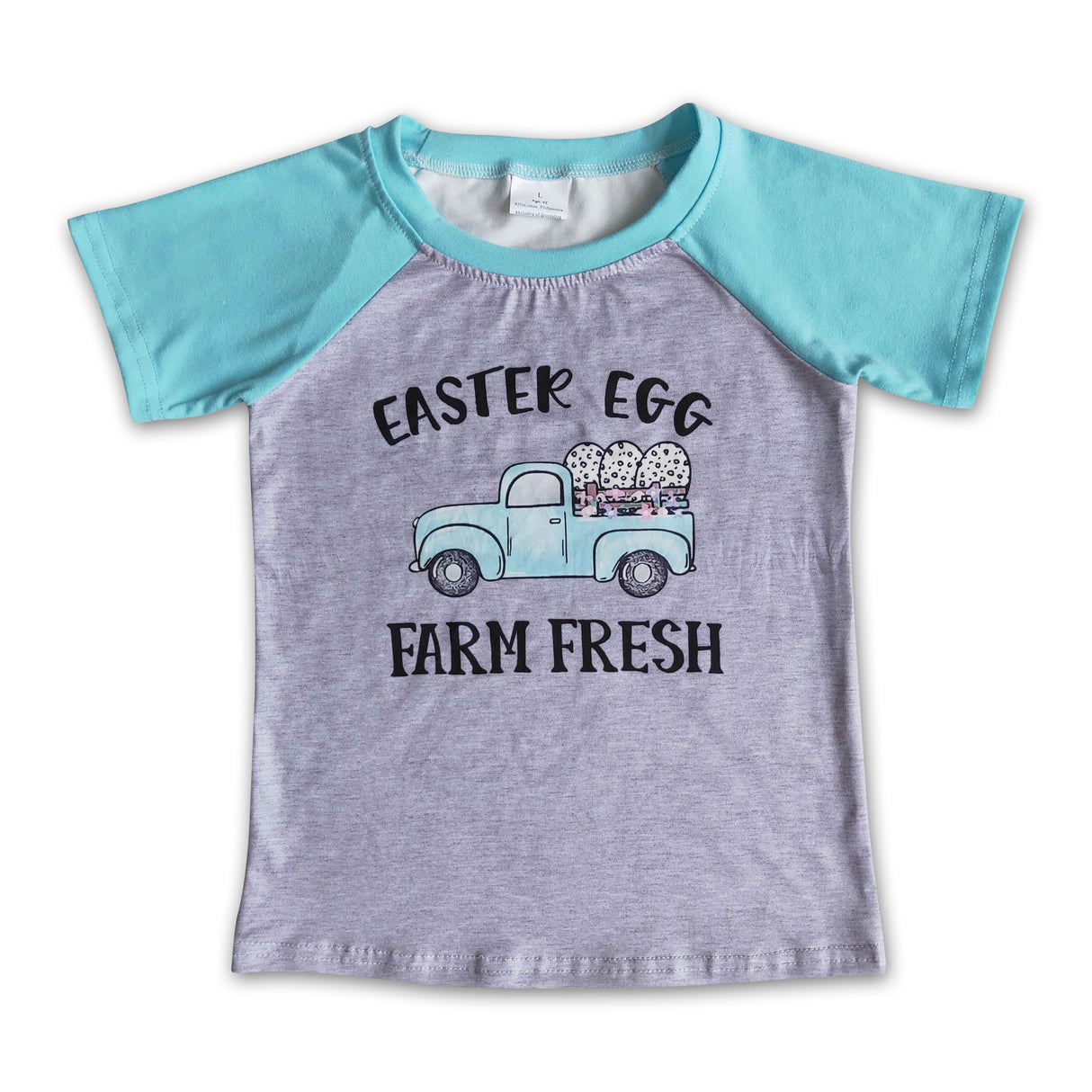 Blue short sleeve easter egg farm fresh kids shirt boy raglans