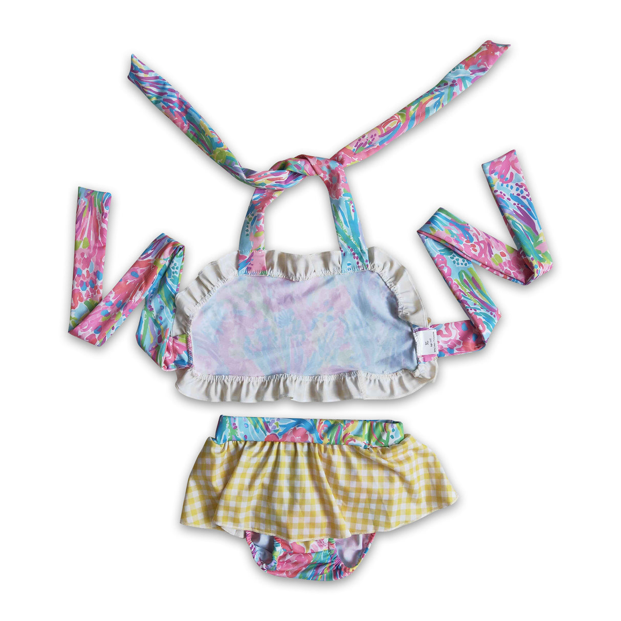Tie dye print yellow gingham baby girls summer swimsuit