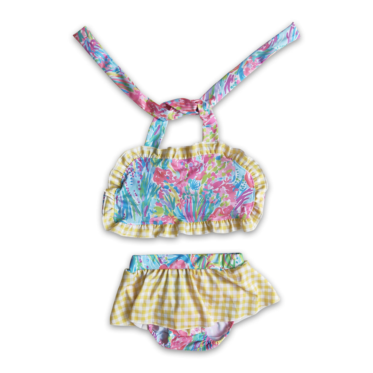 Tie dye print yellow gingham baby girls summer swimsuit