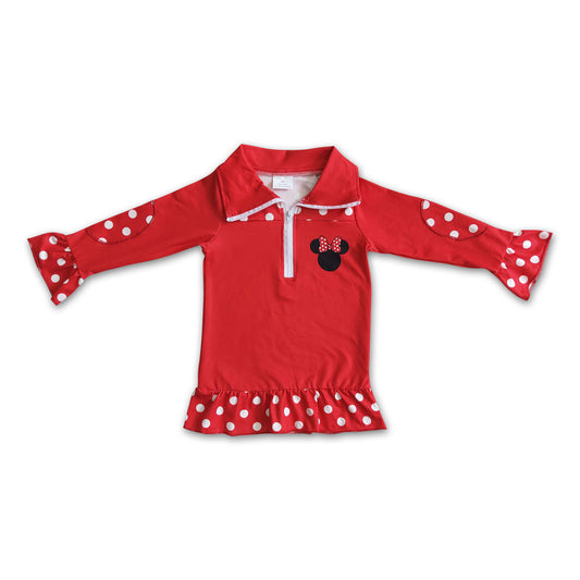 Red polka dots screen print zipper mouse girls pullover