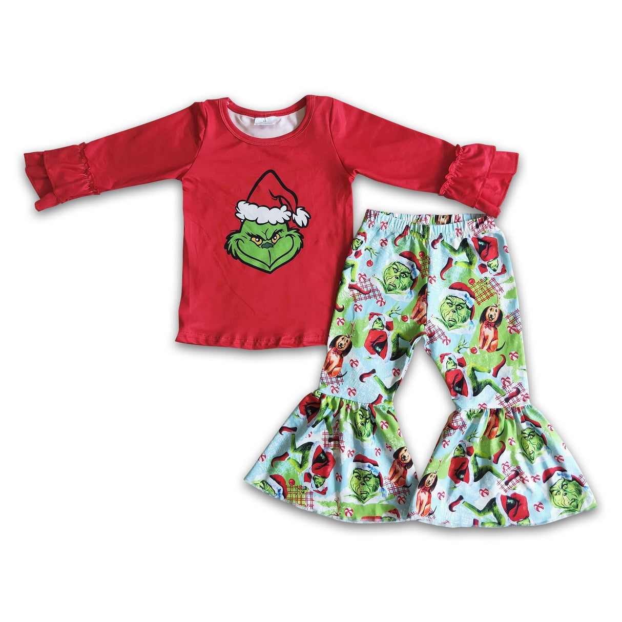 Red green face screen print shirt bell bottom pants girls Christmas clothing set