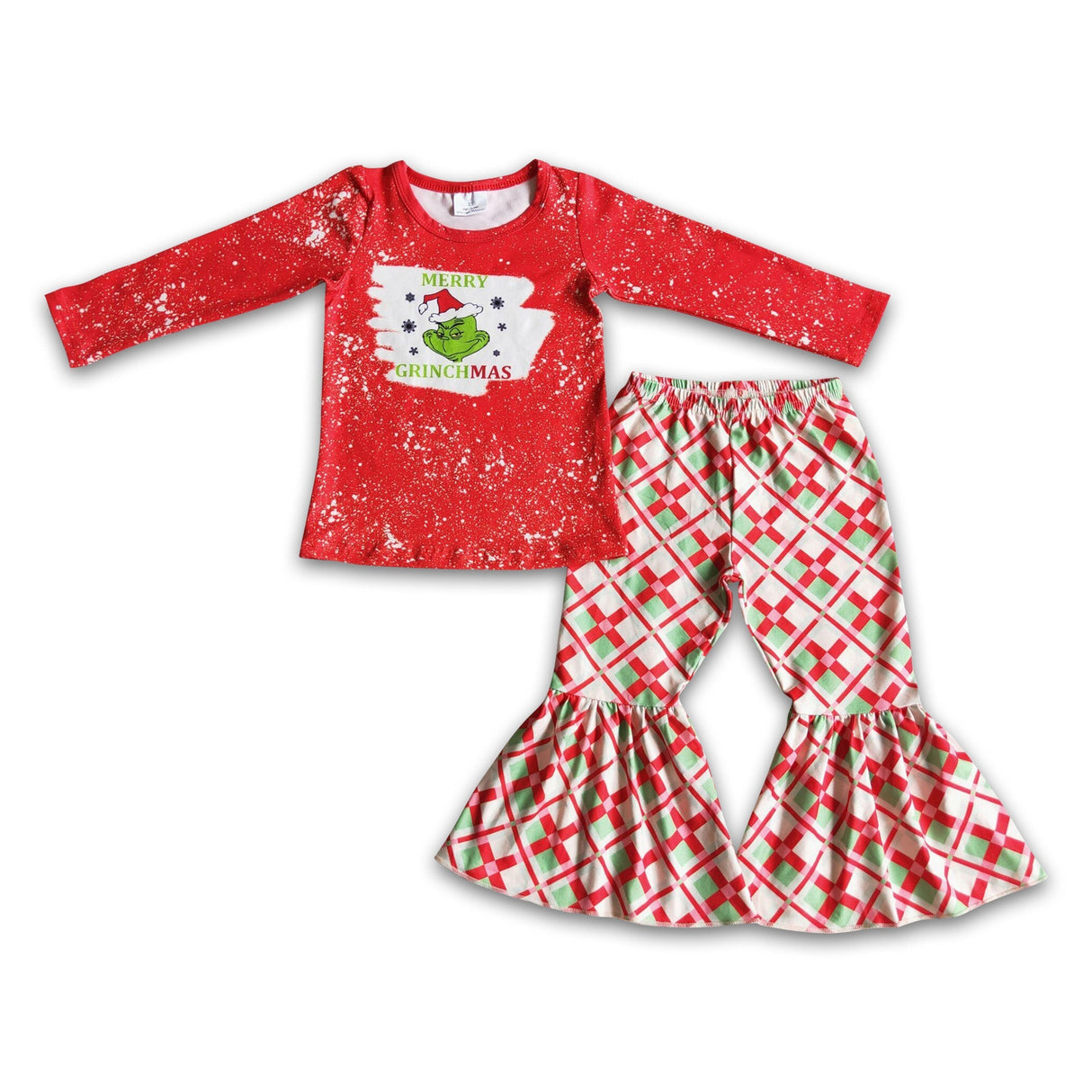 Merry Christmas green face shirt plaid pants girls clothing set
