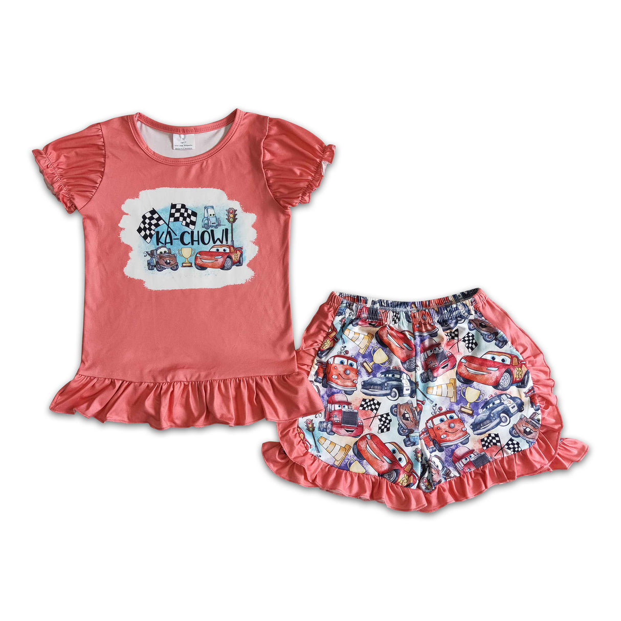 Car print shirt ruffle shorts girls summer outfits