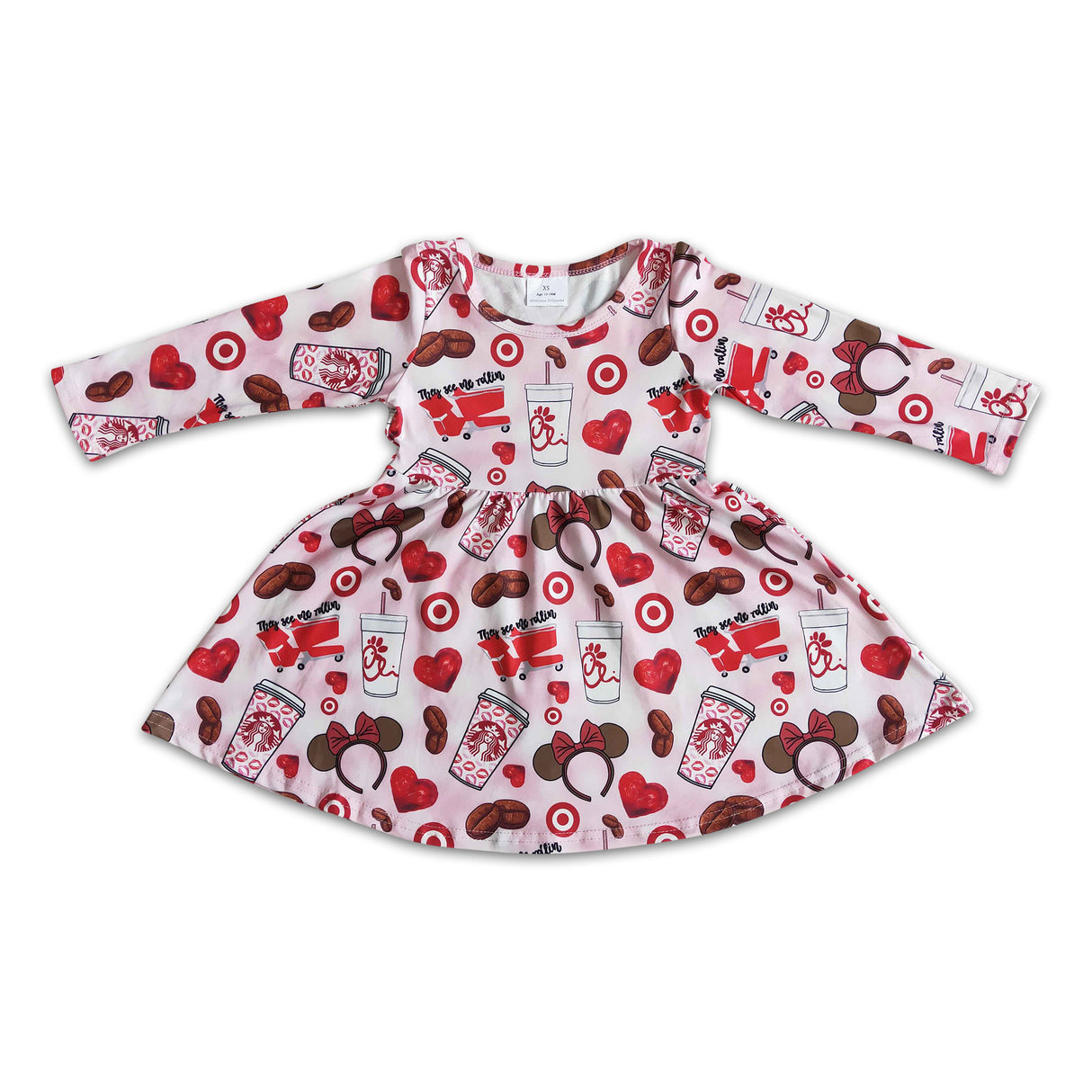 Long sleeve coffee drink cart girls twirl dresses