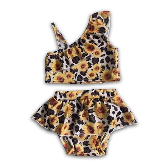 Leopard sunflower baby girls summer ruffle swimsuit