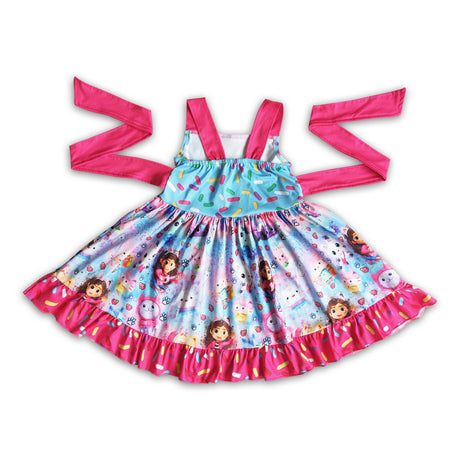 Sleeveless belt cat print baby girls twirl summer dresses