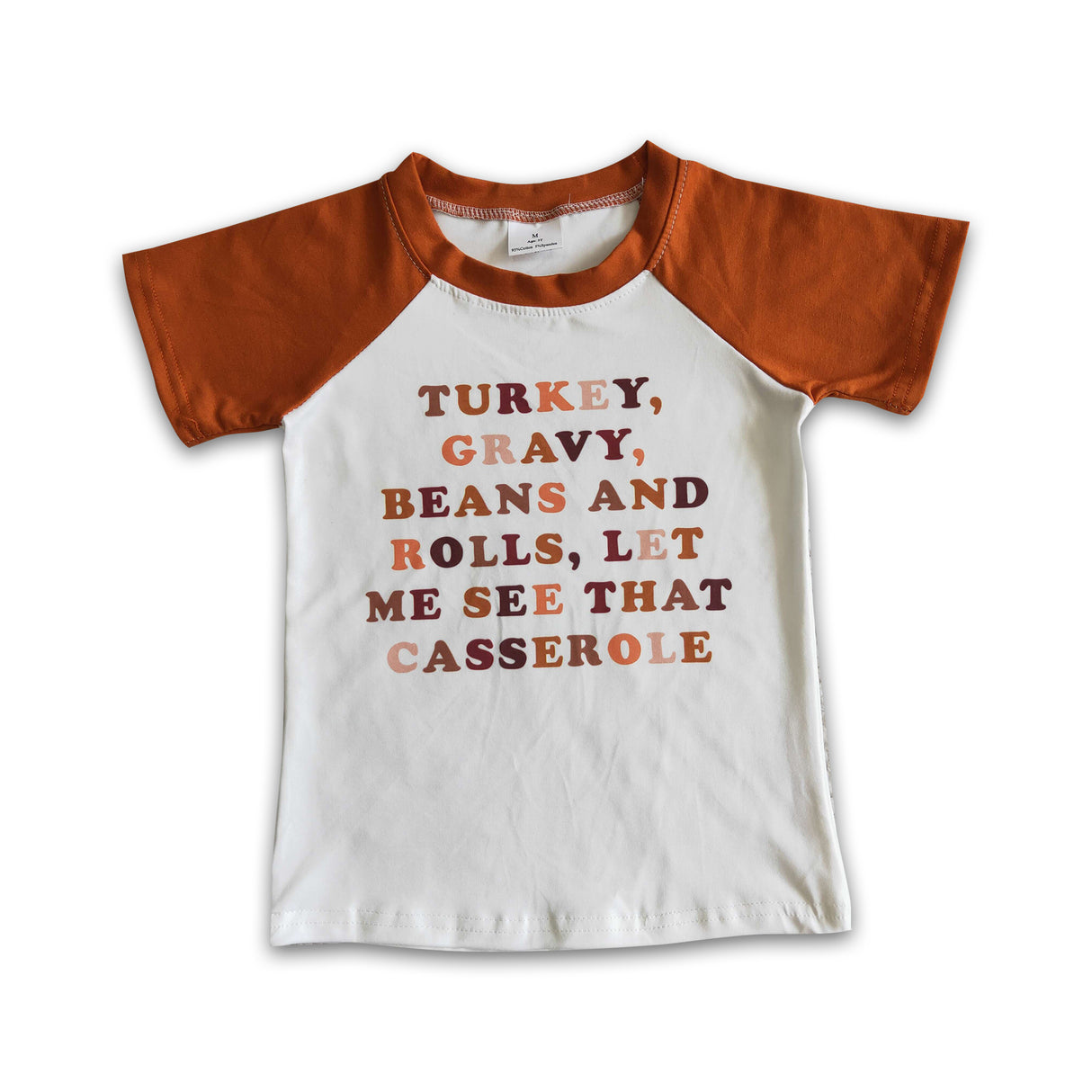 Turkey casserole screen print brown short sleeve boy thanksgiving raglan