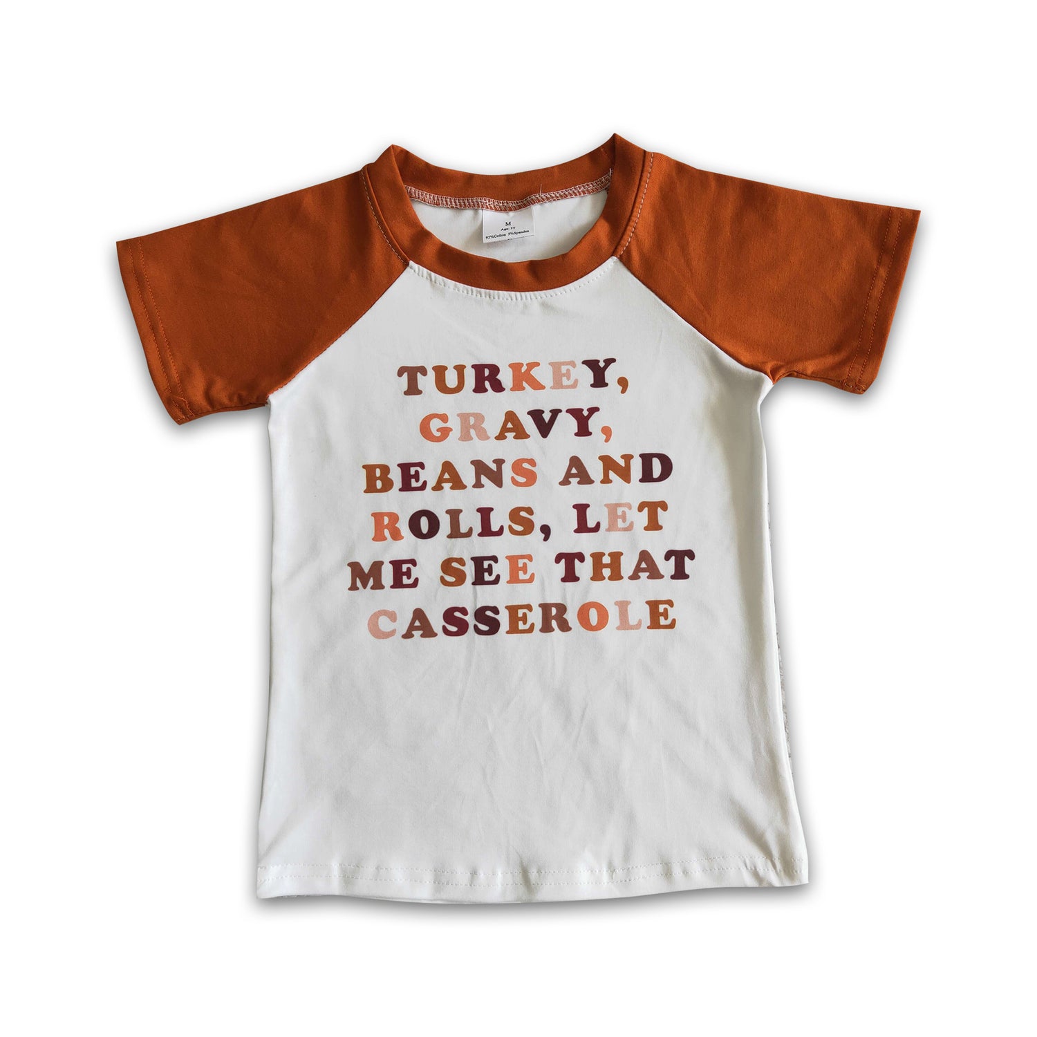 Turkey casserole screen print brown short sleeve boy thanksgiving raglan