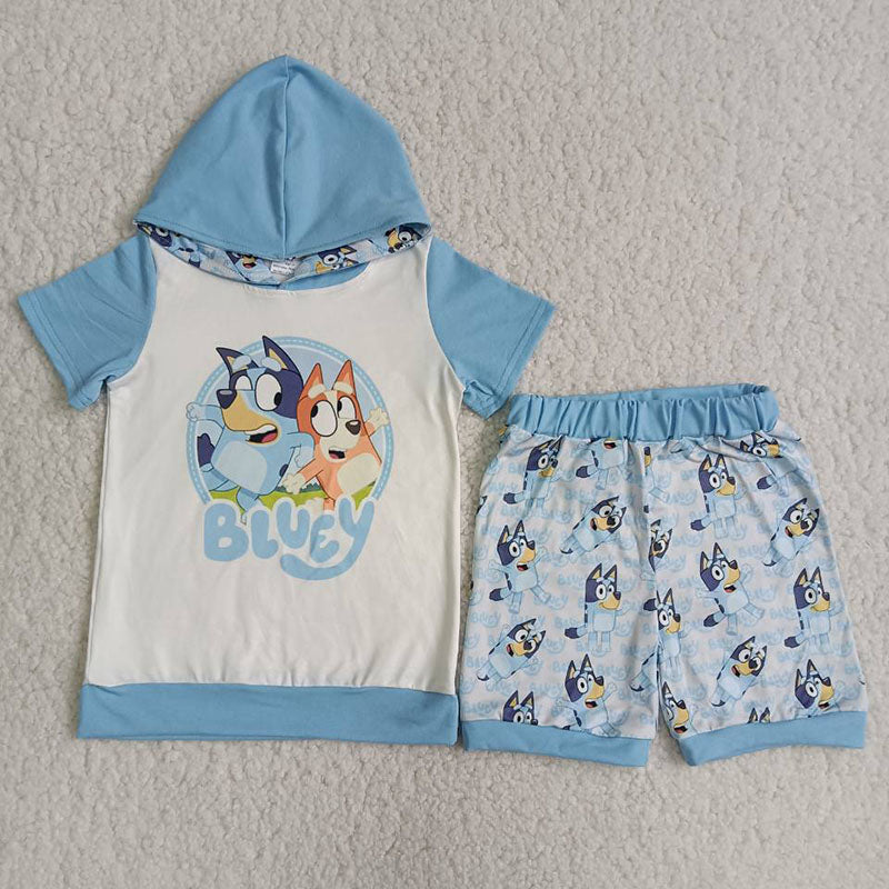 Short sleeve blue dog hoodie shorts boy summer set