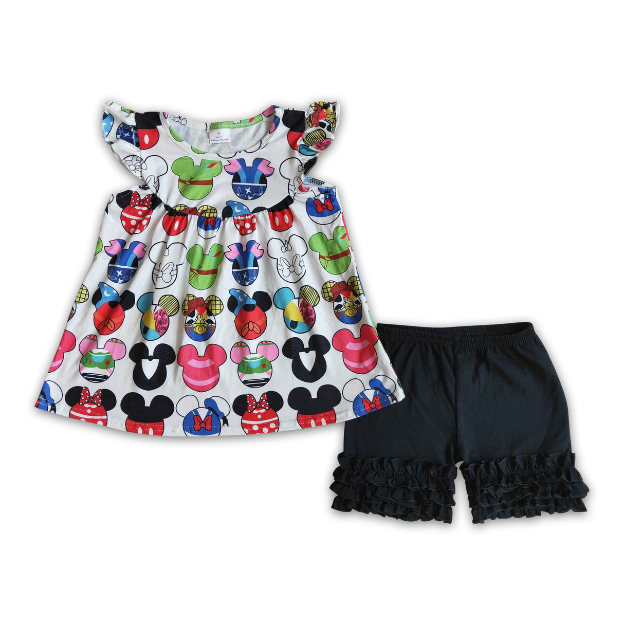 Flutter sleeve mouse tunic black icing ruffle shorts girls summer outfits