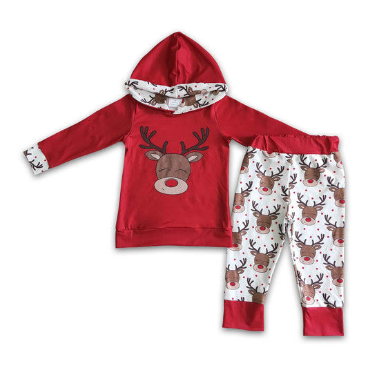 Reindeer print red boy Christmas hoodie set