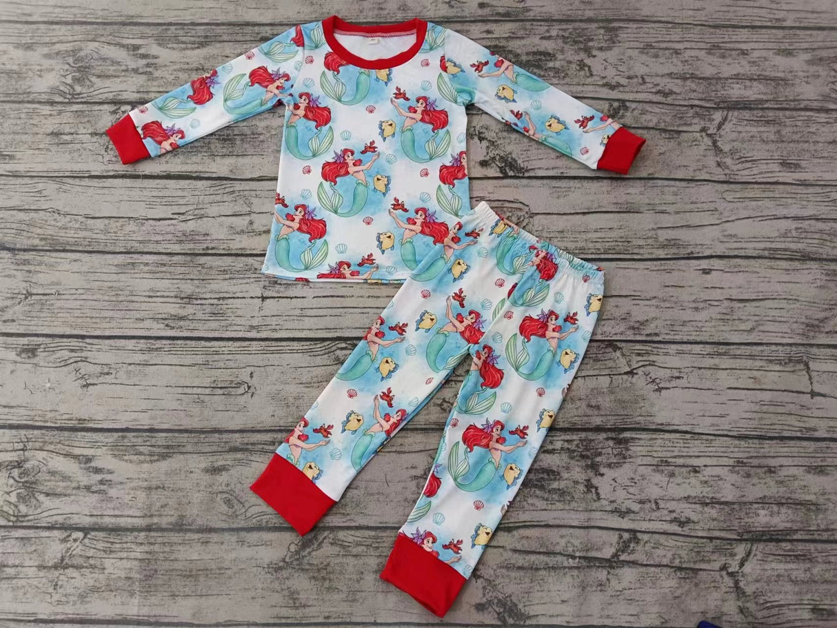 MOQ 5 long sleeves red green fish princess girls pajamas