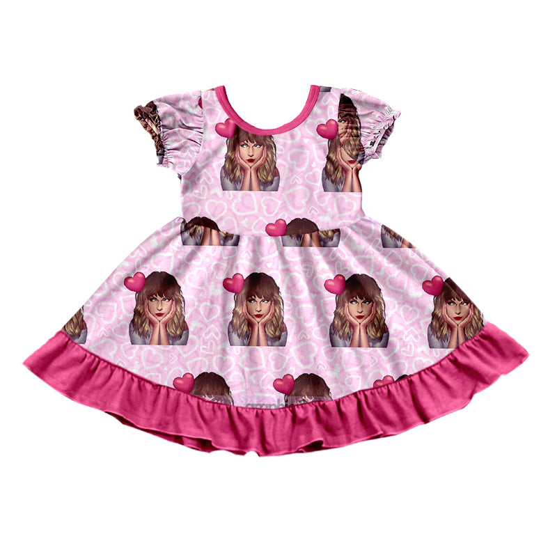 MOQ  3 Short sleeves pink heart ruffle singer girls dress