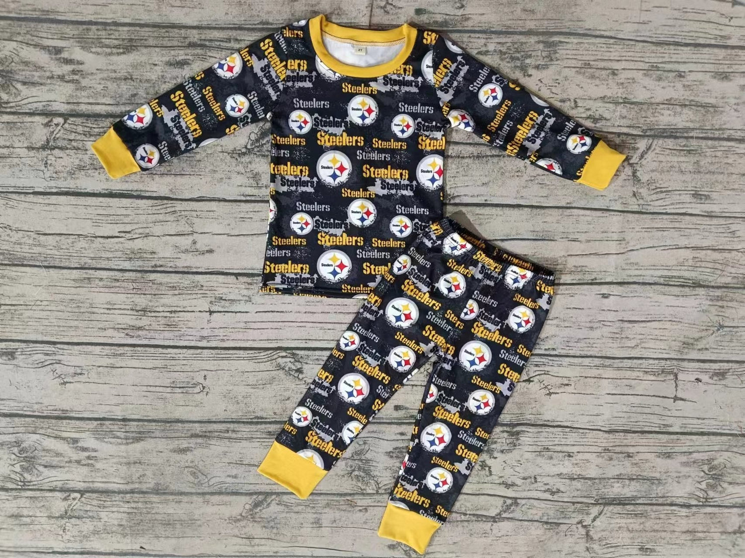 MOQ 5 long sleeves black yellow kids team pajamas