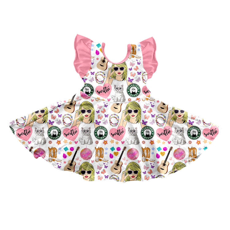 MOQ  3 pink flutter sleeves heart guitar ears singer girls dresses