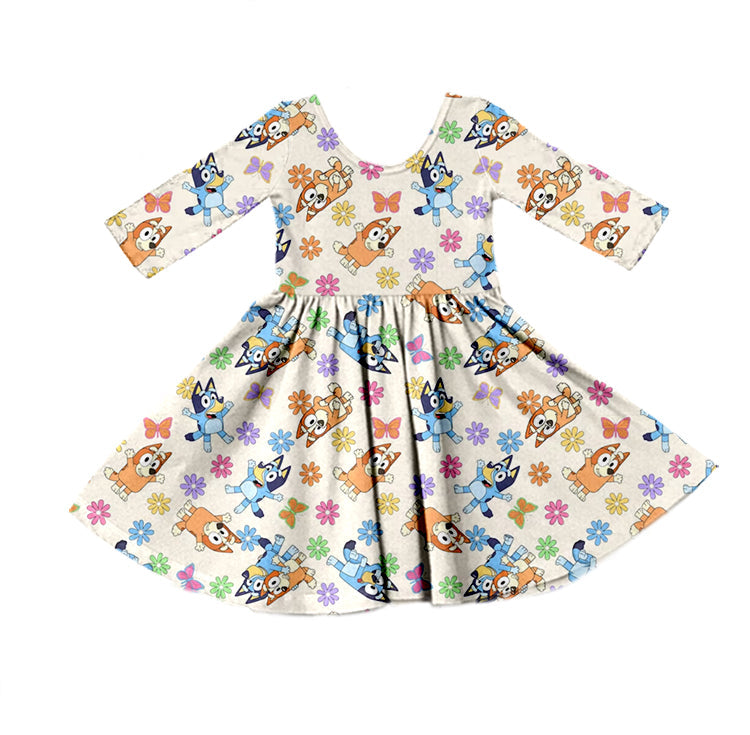 MOQ 5 dog floral long sleeves baby girls dresses