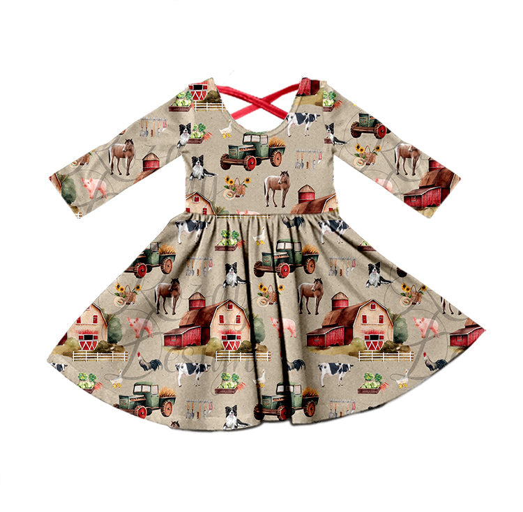 MOQ 5 horse cow pig chicken girls long sleeves farm dress