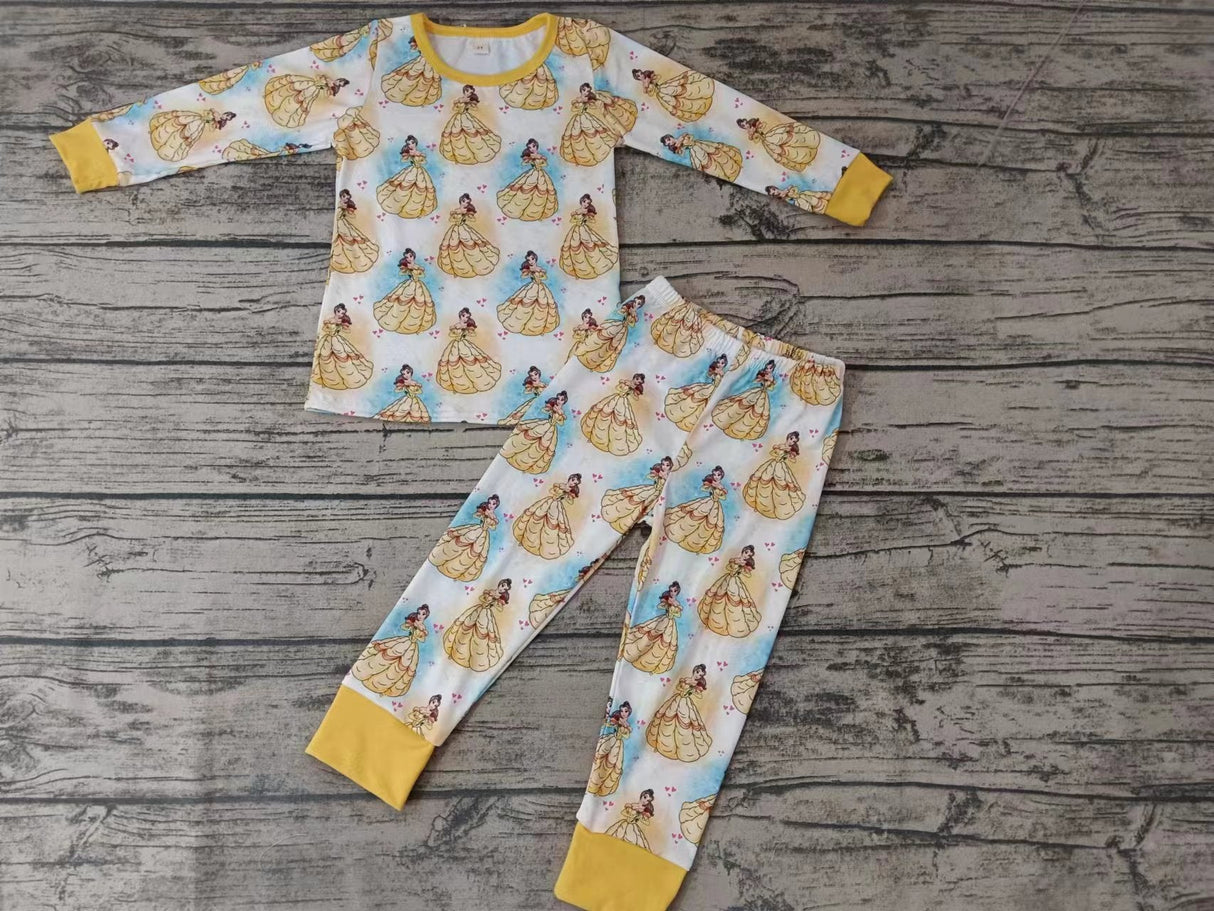 MOQ 5 long sleeves yellow rose princess girls pajamas