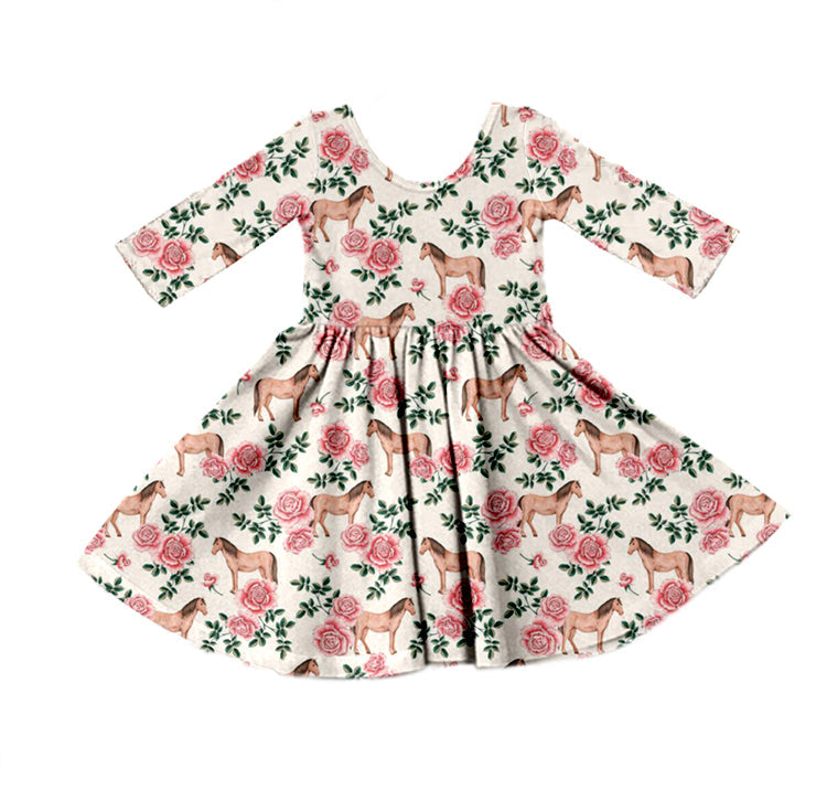 MOQ 5 horse floral long sleeves girls dresses