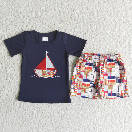 Boy Sailboat Patchwork Outfit