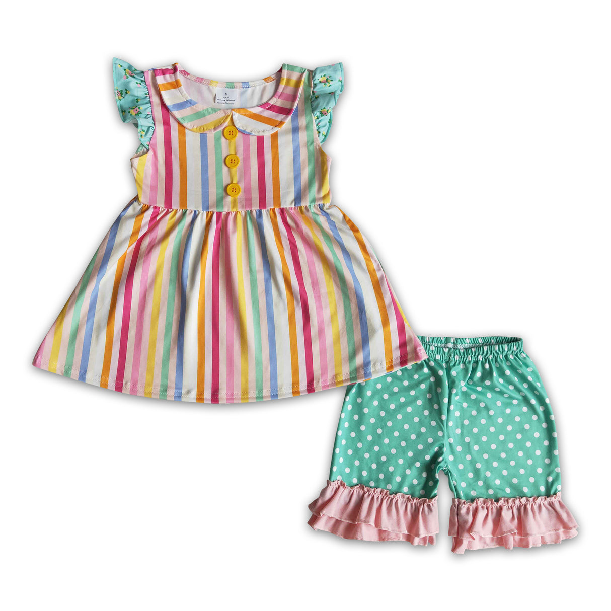 Cute collar colorful stripe tunic polka dots ruffle shorts girls summer clothing