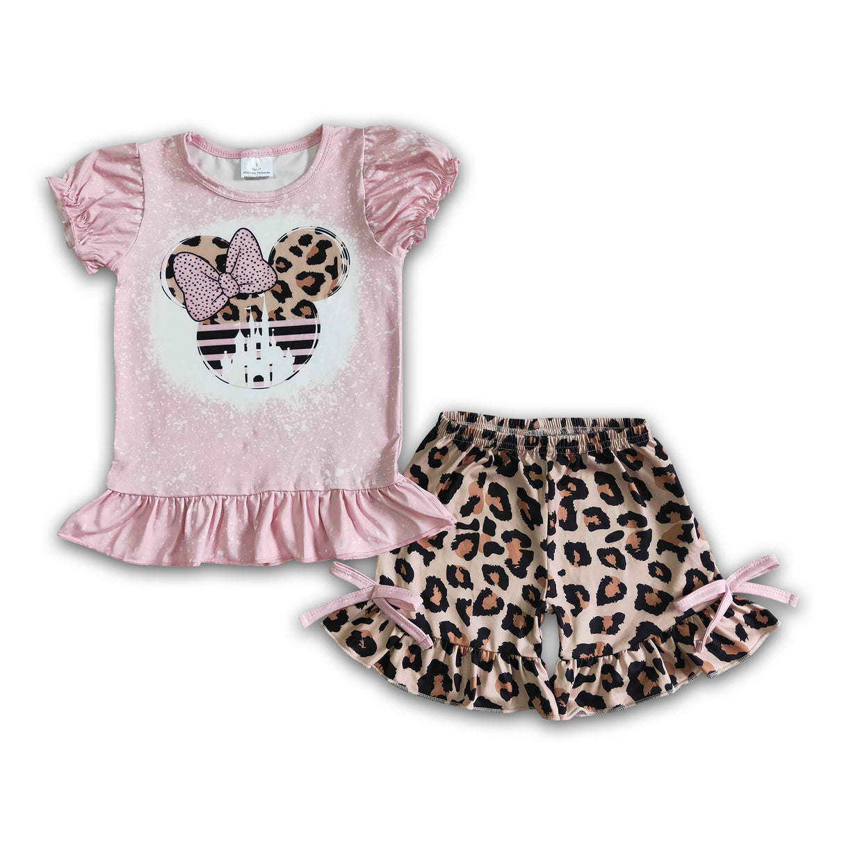 Pink bleached shirt leopard shorts girls summer clothing
