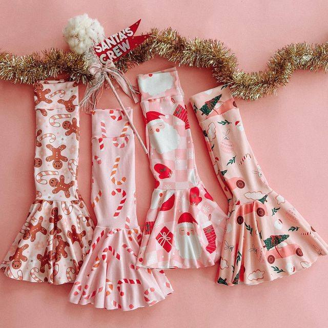 Pink Christmas tree trunks kids girls bell bottom pants