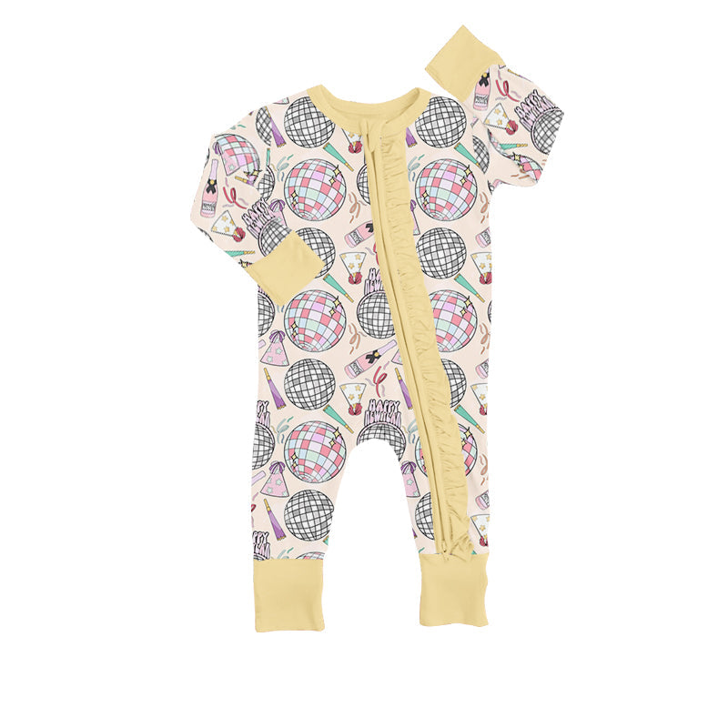 MOQ 5 PCS yellow ruffle Happy new year baby zipper romper