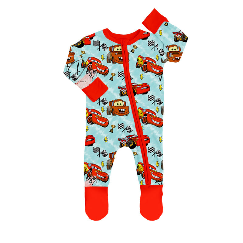 MOQ 5 PCS cars flag baby kids footed zipper coveralls