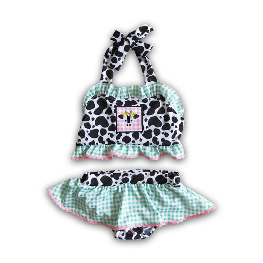 Cow embroidery plaid bath suit baby girls swimsuit