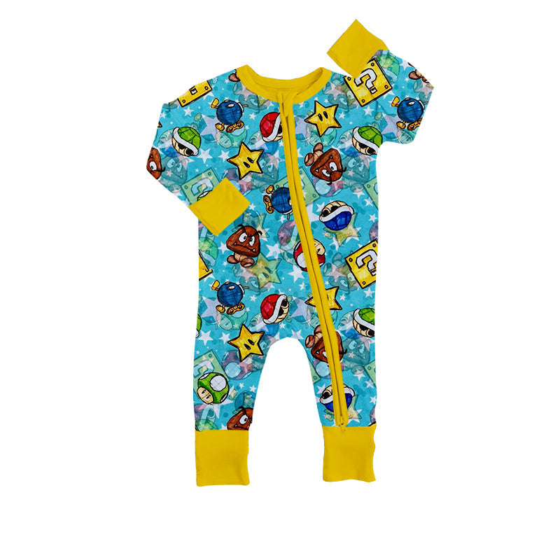 MOQ 5 PCS blue yellow game baby boy zipper romper